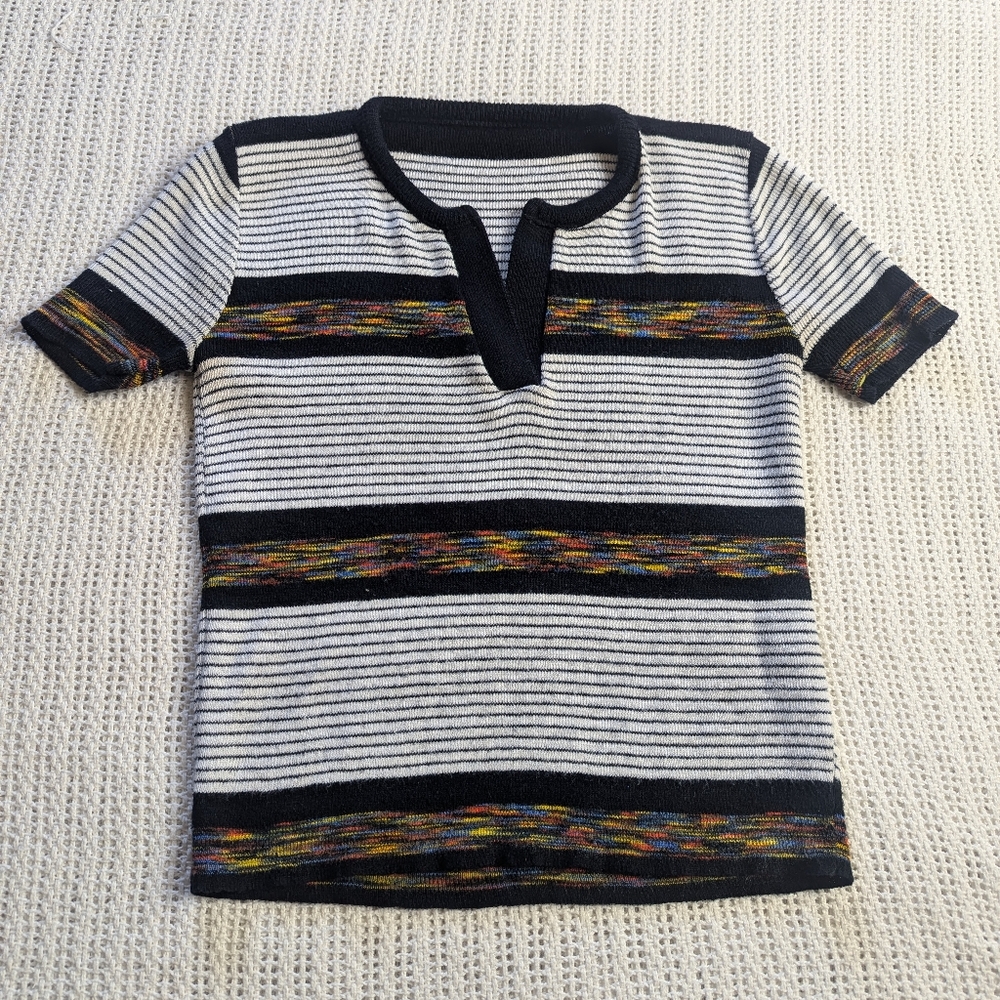 VTG Women's 80's Knit T-shirt Size Medium Marled Rainbow Striped Split Neck
